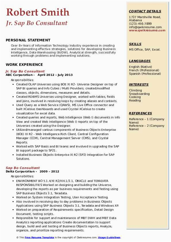 Sample Resume for Sap Bo Consultant Sap Bo Consultant Resume Samples