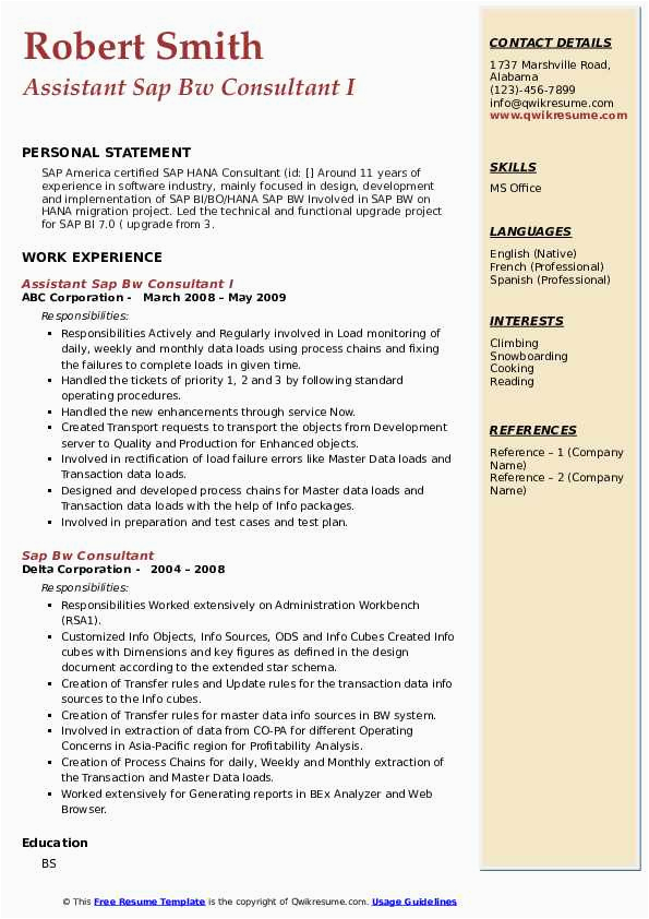 Sample Resume for Sap Bo Consultant Sap Bw Consultant Resume Samples