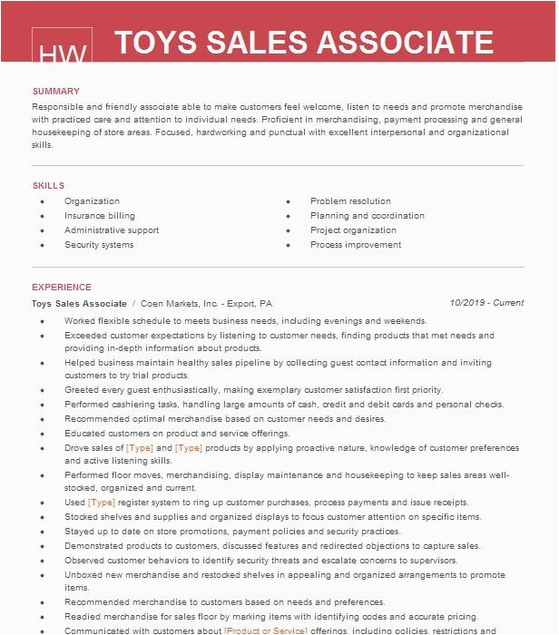 Sample Resume for toys R Us toys R Us Sales associate Resume Example Willow Grove Pennsylvania