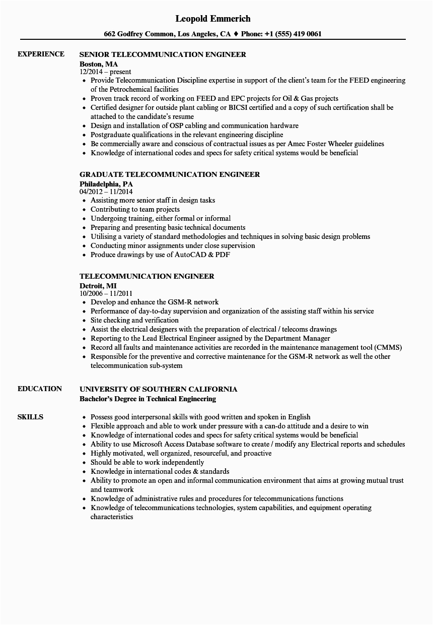 Sample Resume format for Telecom Engineers Cv Templates for Tele Engineer Tele Cv Example