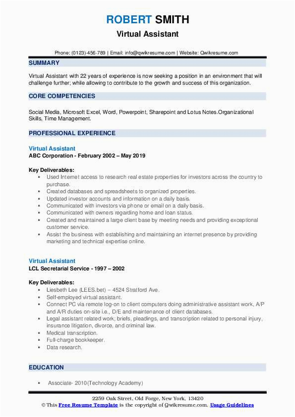 Sample Resume format for Virtual assistant Virtual assistant Resume Samples