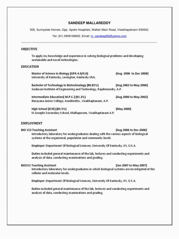 Sample Resume format for Zoology Freshers 13 Sample Resume format for Zoology Freshers