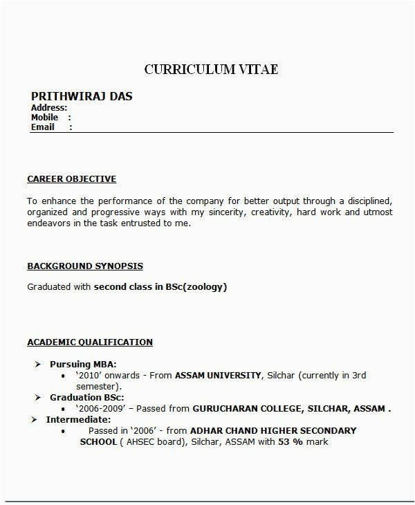 Sample Resume format for Zoology Freshers Resume format for Bsc Zoology