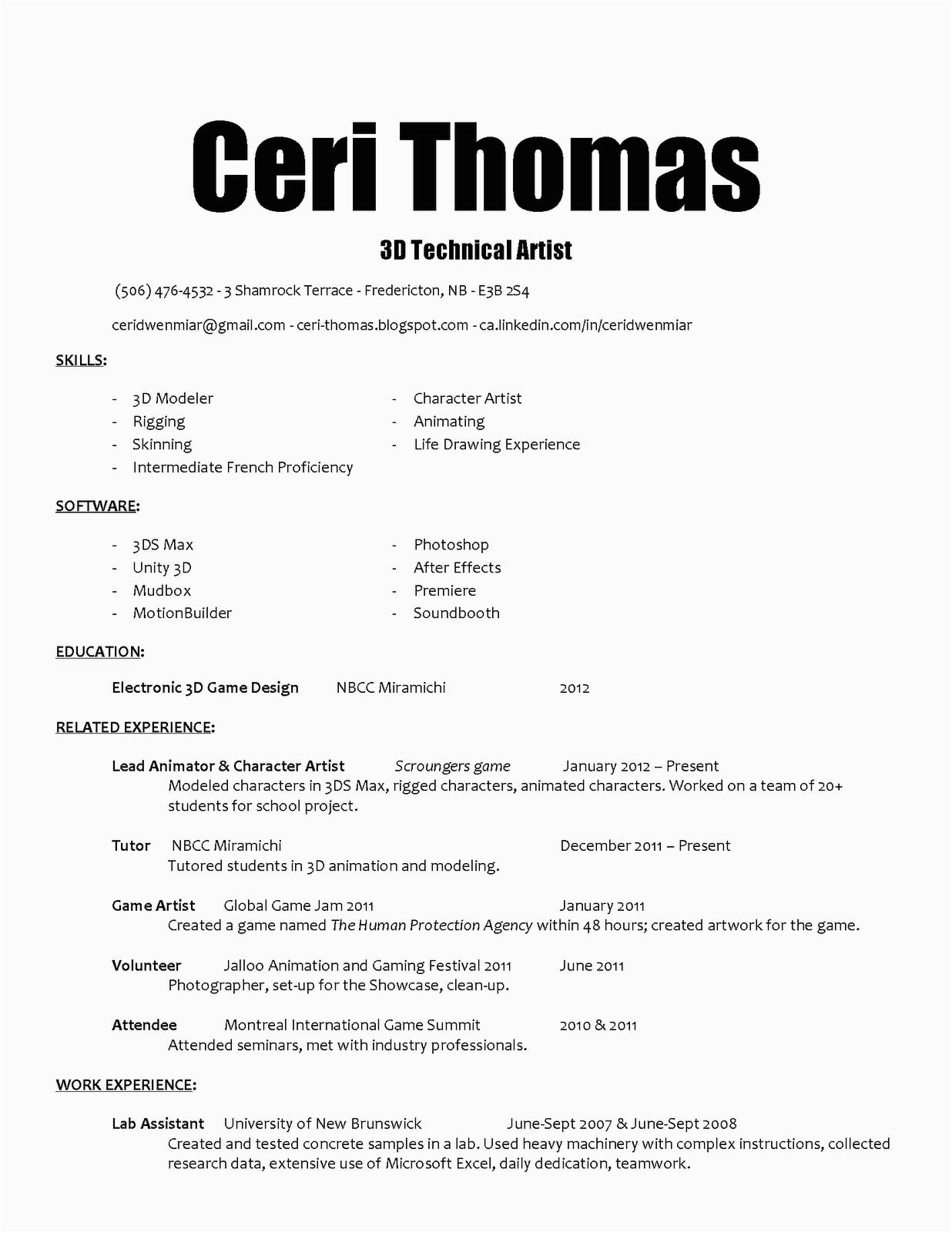 Sample Resume format with Character Reference Ceri Thomas 3d Character Artist Resume