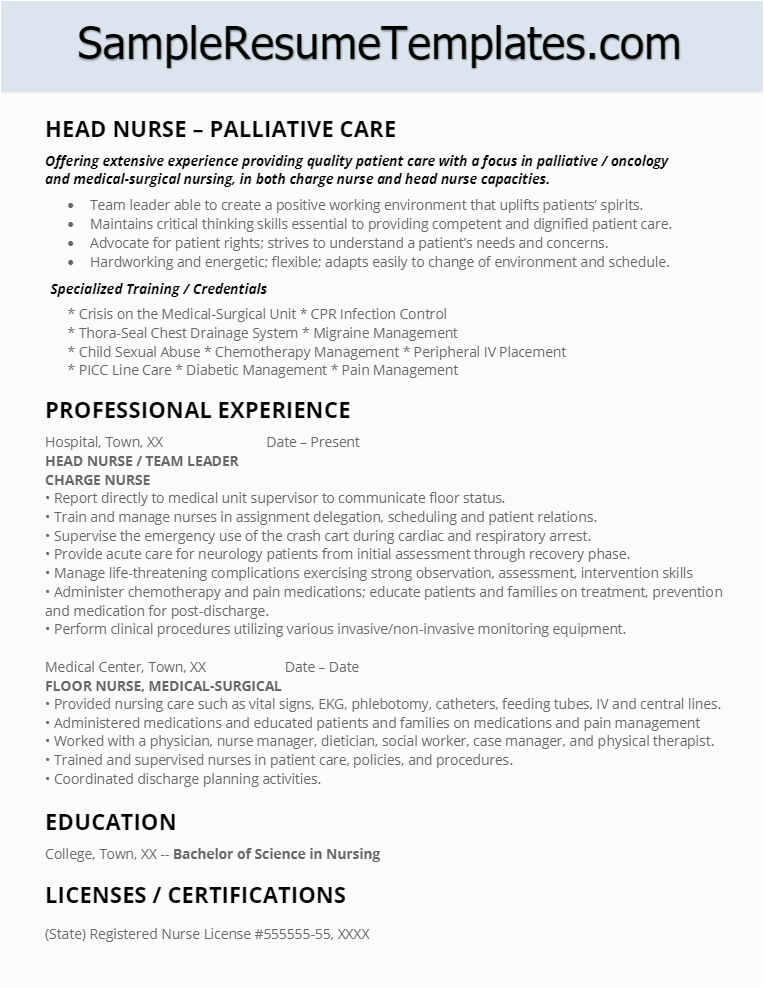 Sample Resume Medical Surgical Registered Nurse Palliative Care Head Nurse Resume