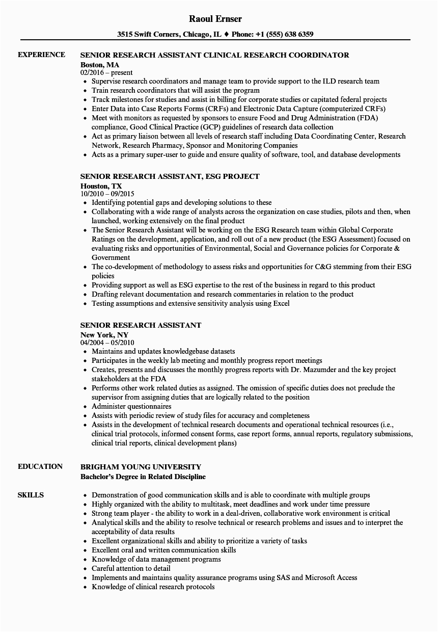 Sample Resume Objective for Research Position Research assistant Resume Template
