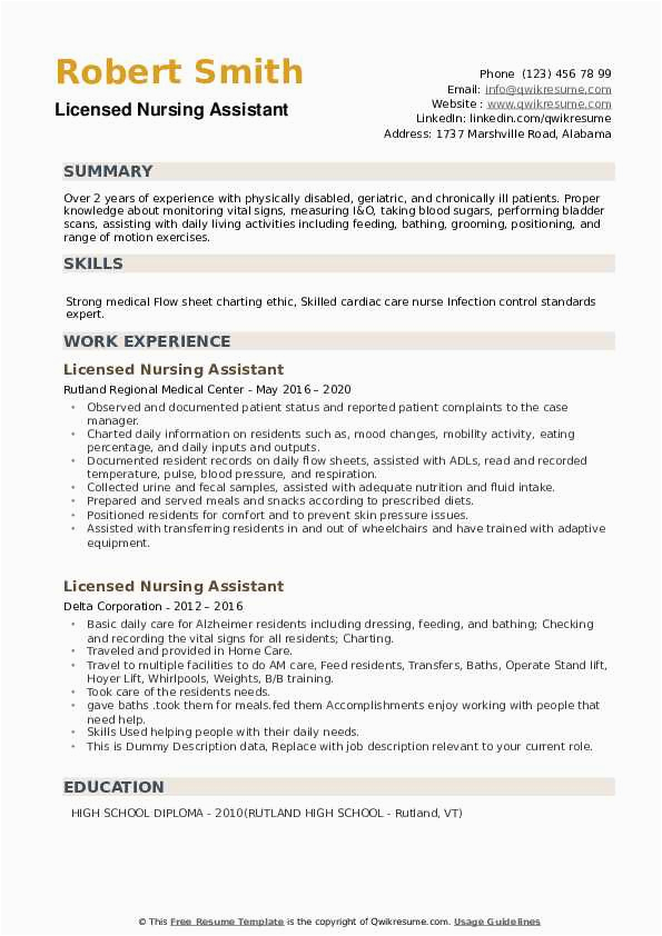 Sample Resume Of assistant In Nursing Aged Care Licensed Nursing assistant Resume Samples
