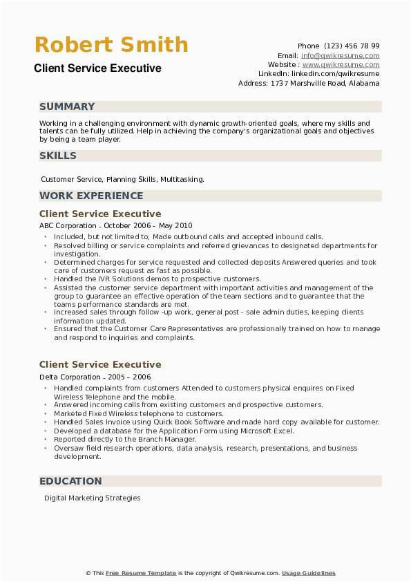 Sample Resume Of Client Service Executive Client Service Executive Resume Samples