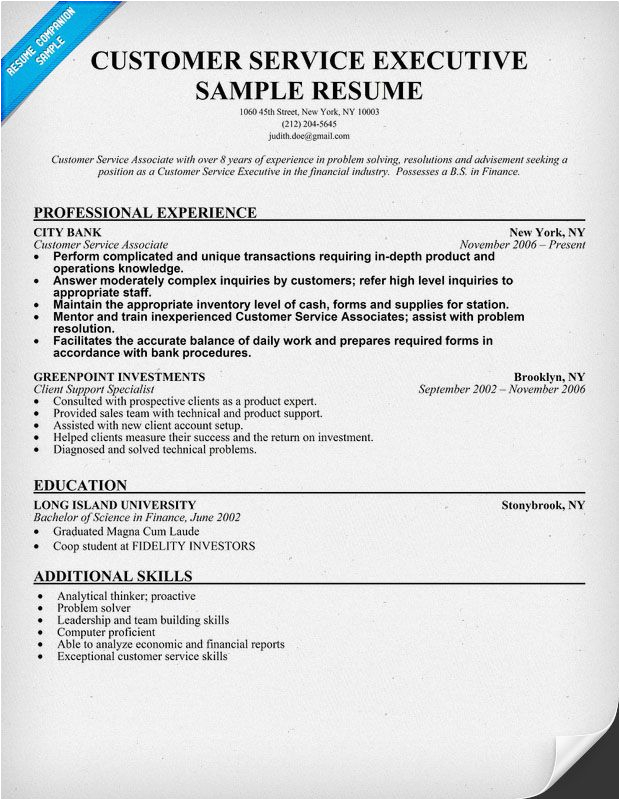 Sample Resume Of Client Service Executive Customer Service Executive Resume Sample Resume Panion