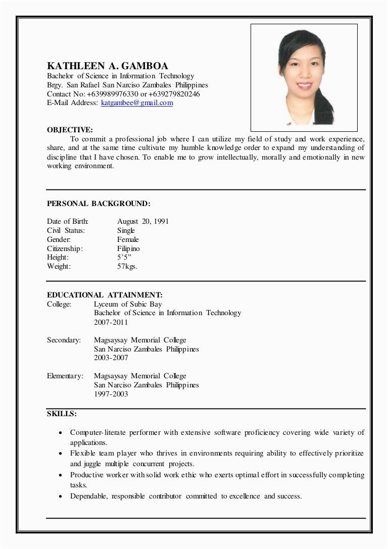 Sample Resume Philippines with Work Experience Gamboa Resume