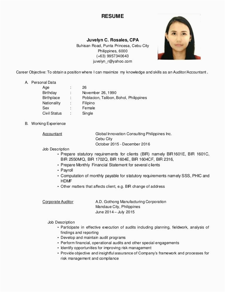 Sample Resume Philippines with Work Experience Resume Juvelyn C Rosales