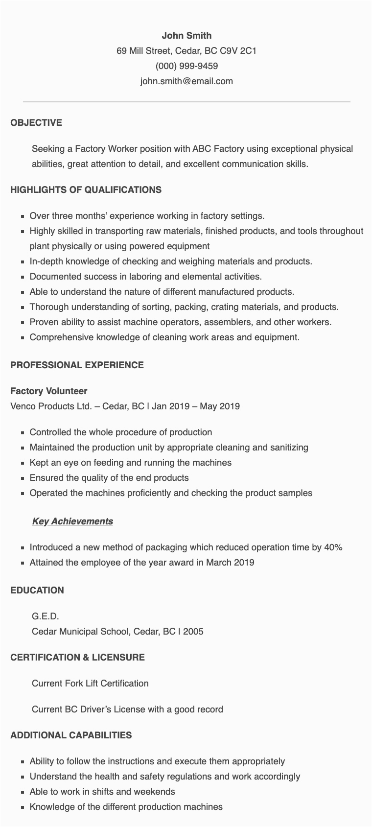 Sample Resume Philippines with Work Experience Resume Samples for Factory Worker Applicant In the Philippines