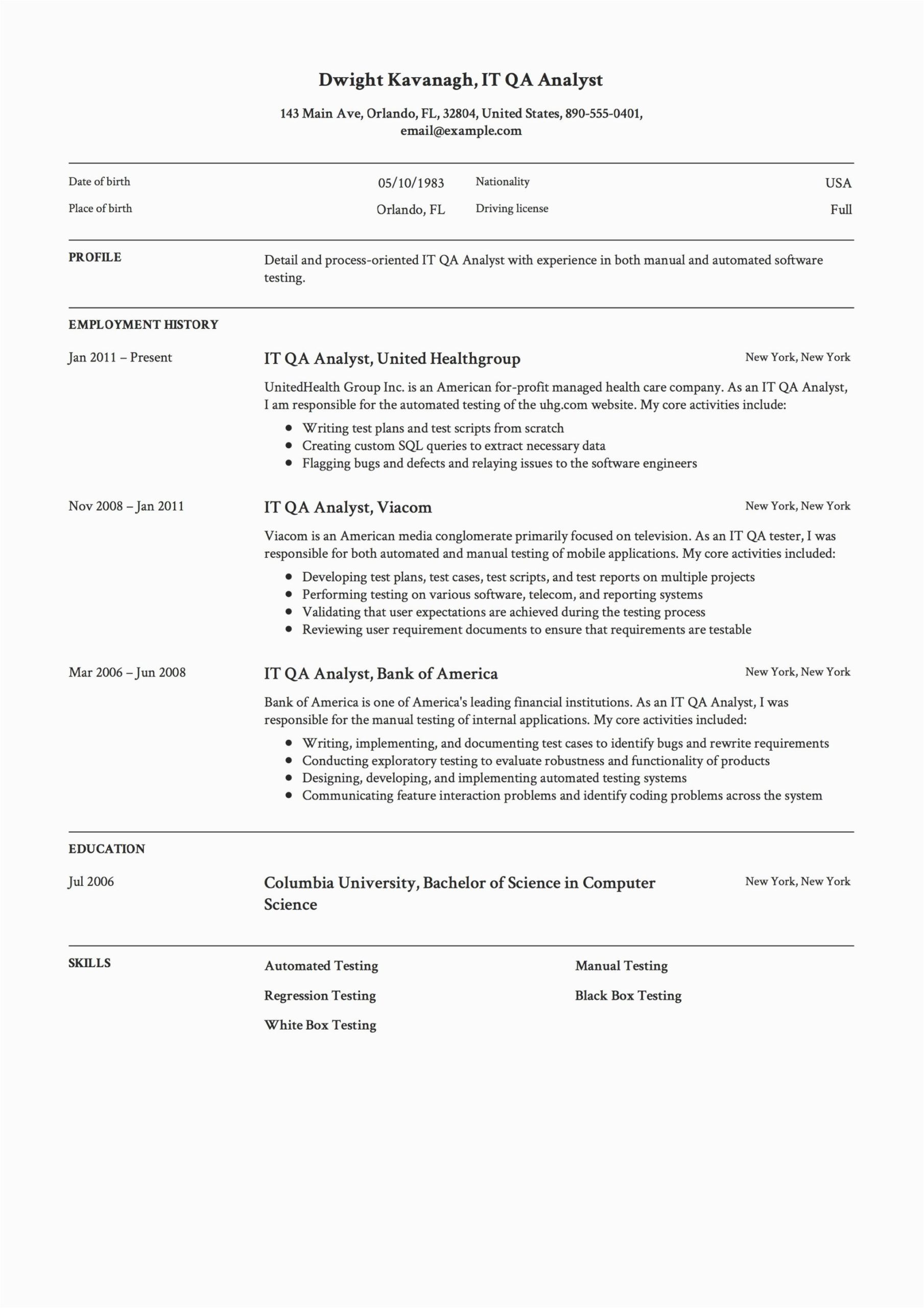 Sample Resume Qa Analyst with Trading Exp It Qa Analyst Resume & Guide 12 Templates Pdf Download