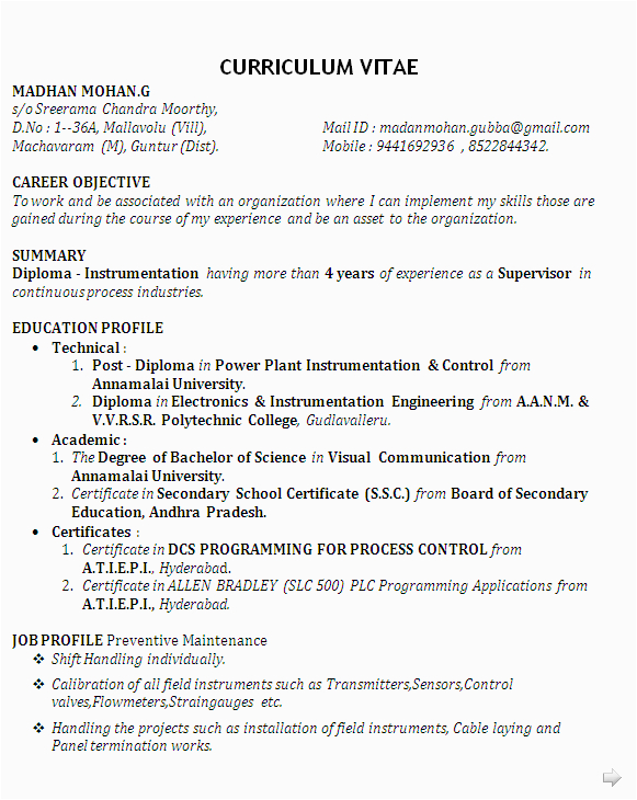 Sample Resume W Experience is One Job for 14 Years Best Resume Sample for Post Diploma In Power Plant Instrumentation