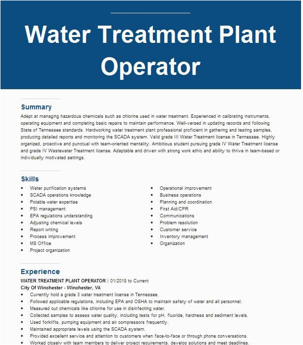 Sample Resume Water Treatment Plant Operator Water Treatment Plant Operator Resume Example Benteler Steel