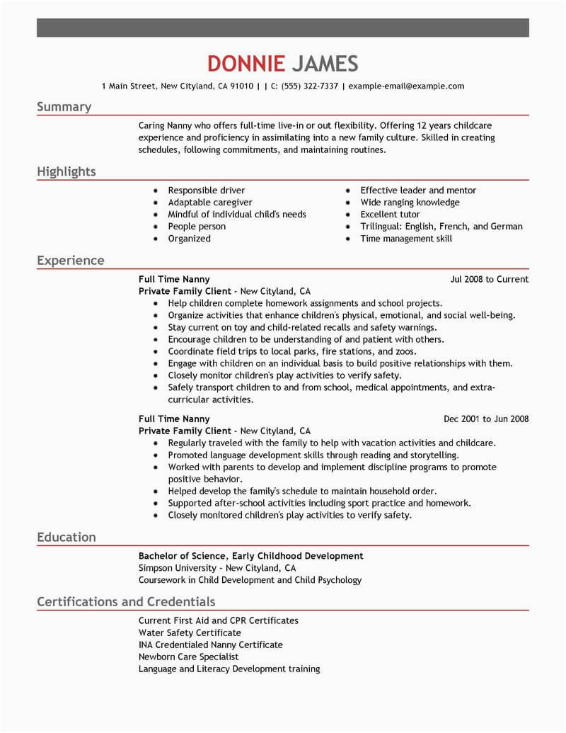 Sample Resumes for Full Time Jobs Best Full Time Nanny Resume Example From Professional Resume Writing