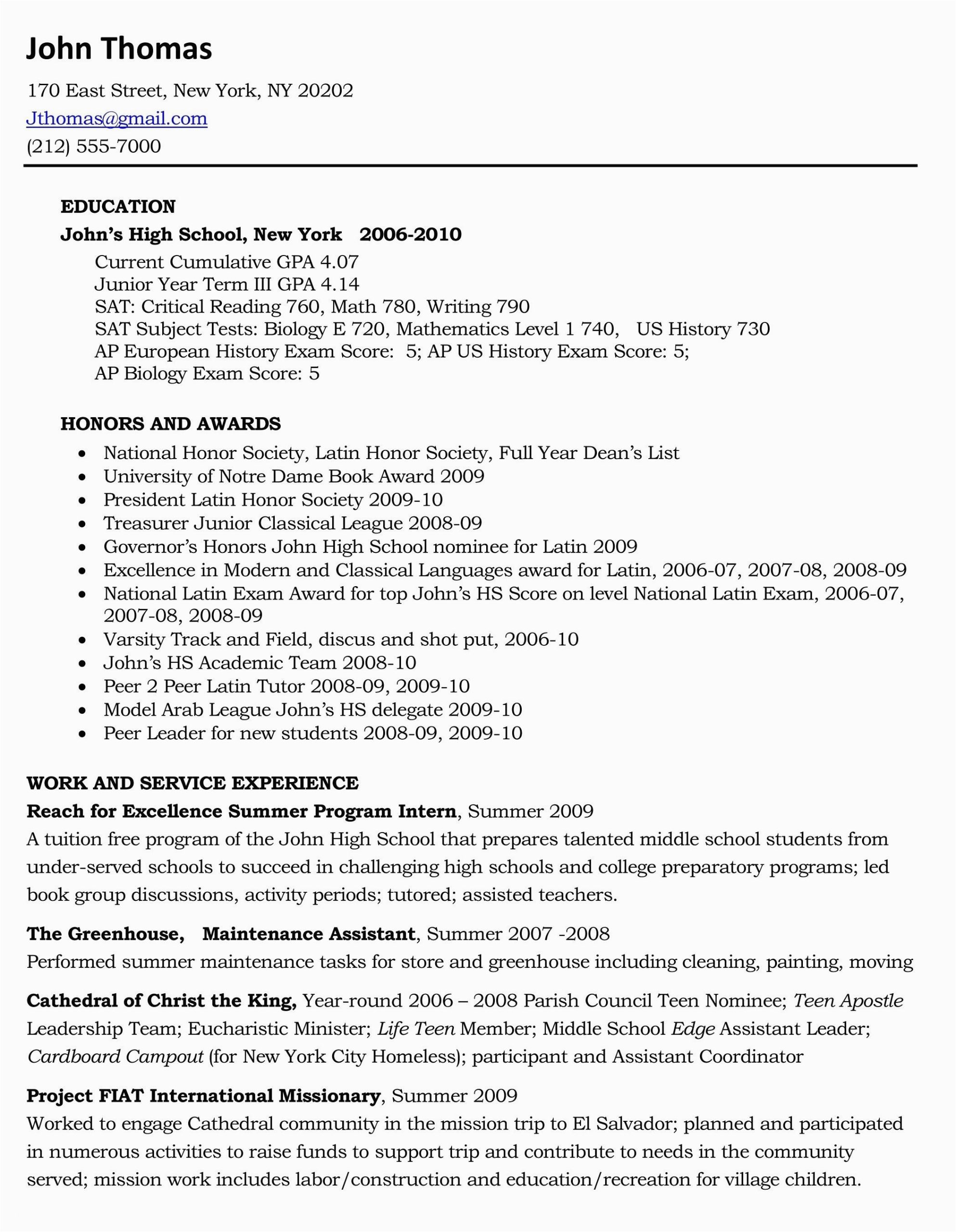 Sample Resumes for Highschool Students Entering College Sample Resume Xls format Resume format