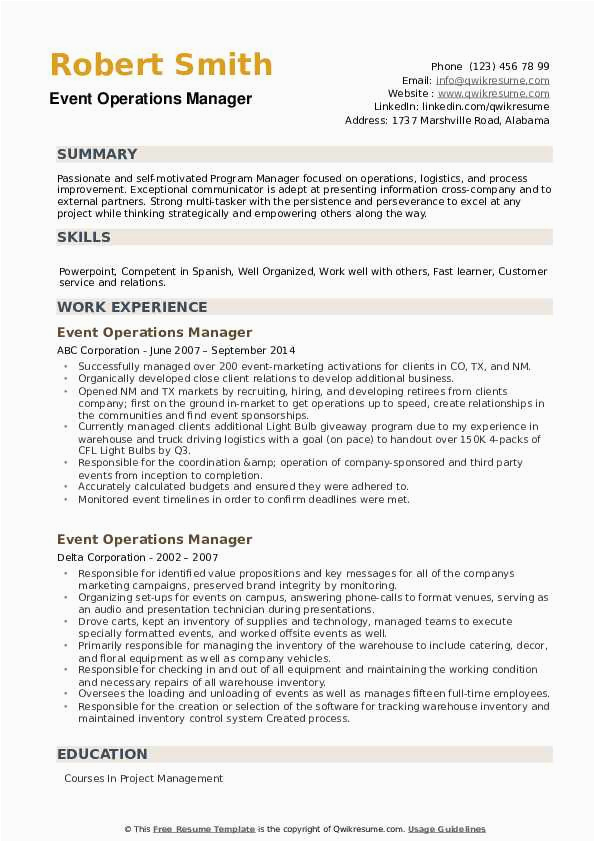 Sample Resumes for Hospitality Managers and event Managers event Operations Manager Resume Samples