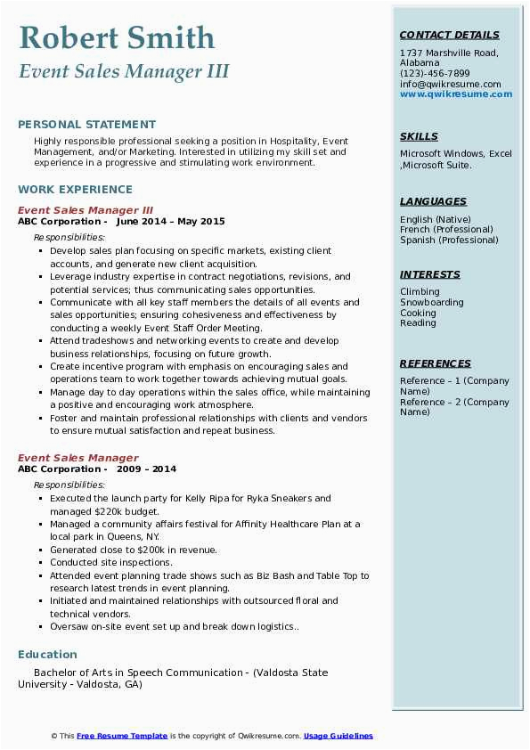 Sample Resumes for Hospitality Managers and event Managers event Sales Manager Resume Samples