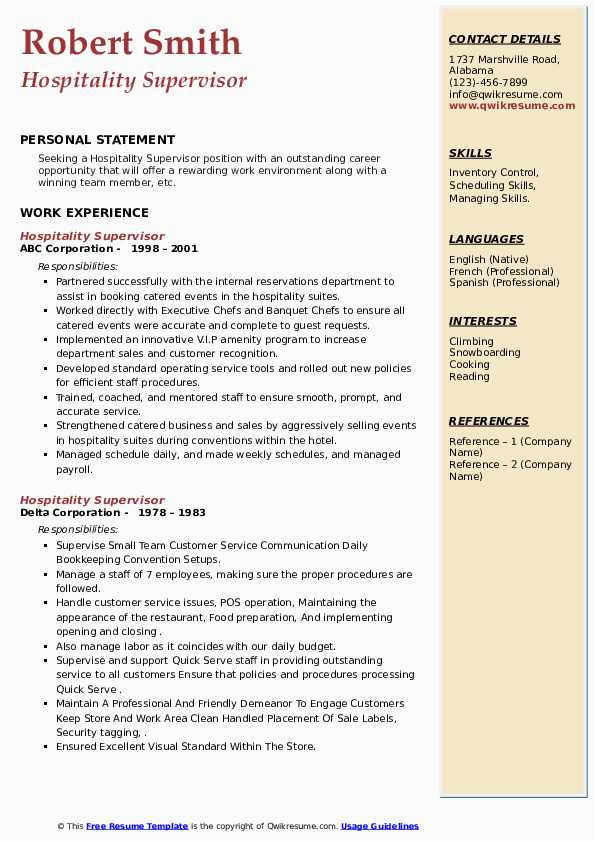 Sample Resumes for Hospitality Managers and event Managers Hospitality Supervisor Resume Samples