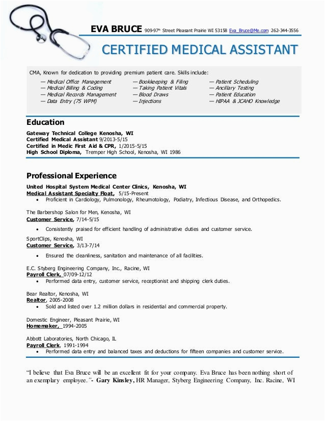 Samples Of Certified Medical assistant Resumes Certified Medical assistant Resume Eva Bruce