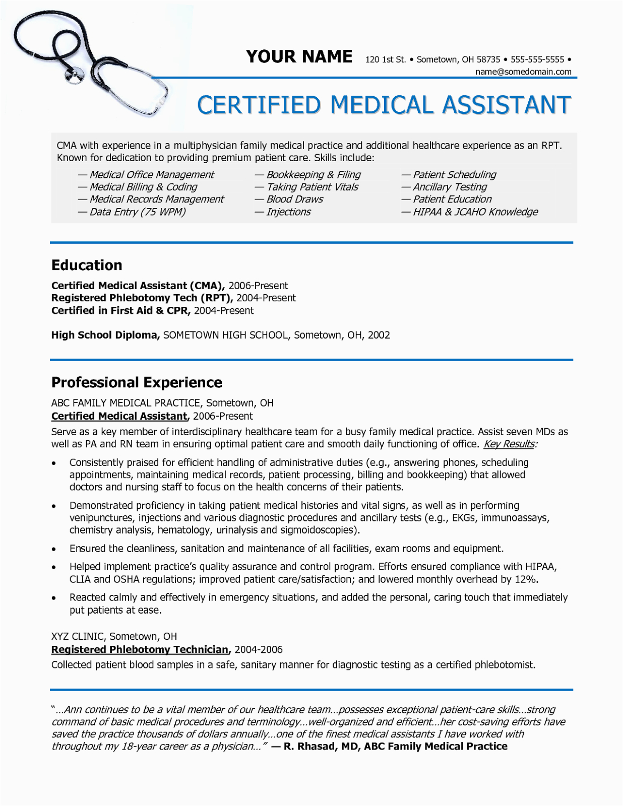 Samples Of Certified Medical assistant Resumes Sample Of A Medical assistant Resume