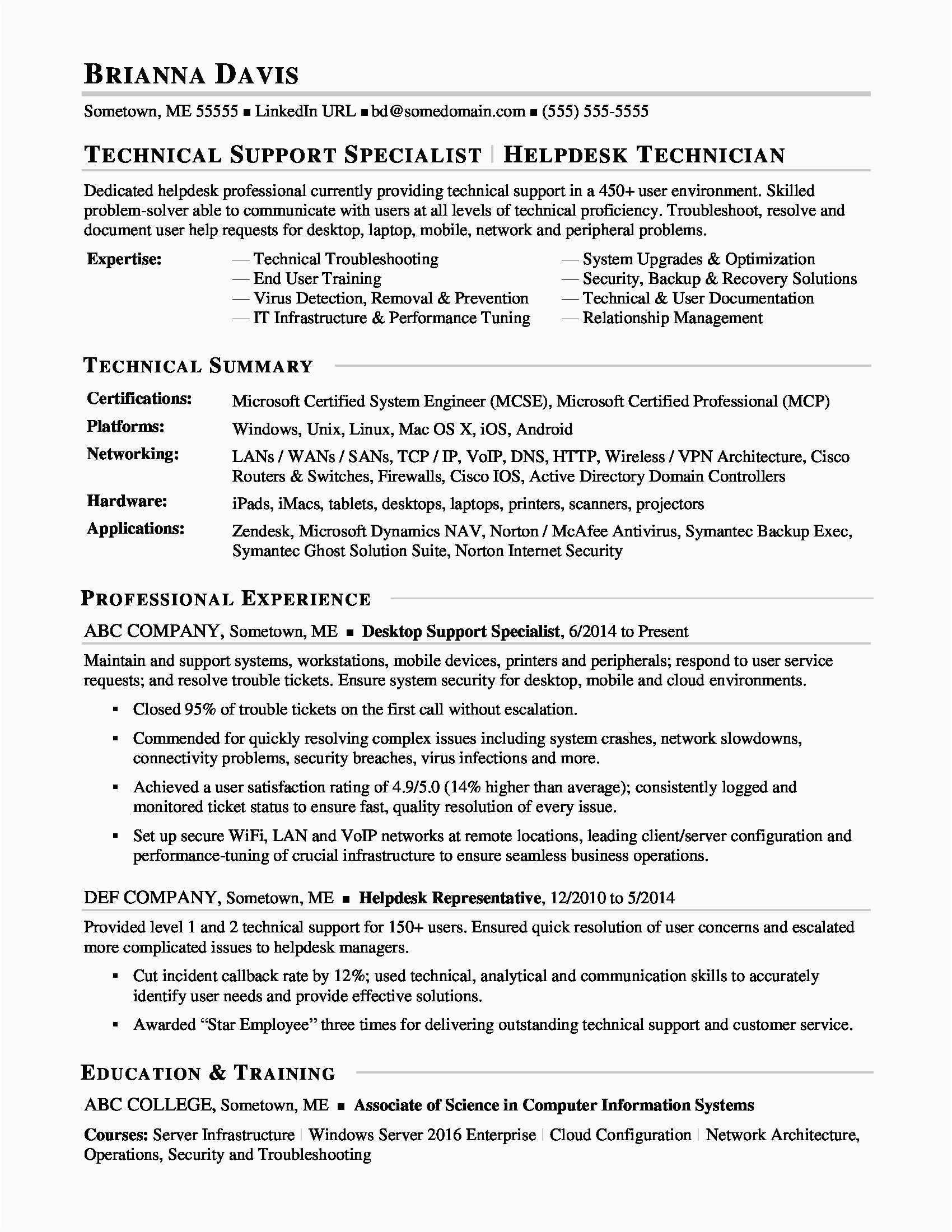 Technical Service Desk Support Sample Resume Sample Resume for Experienced It Help Desk Employee