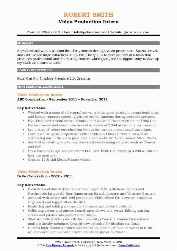 Video Production Company Business Resume Sample Video Production Intern Resume Samples