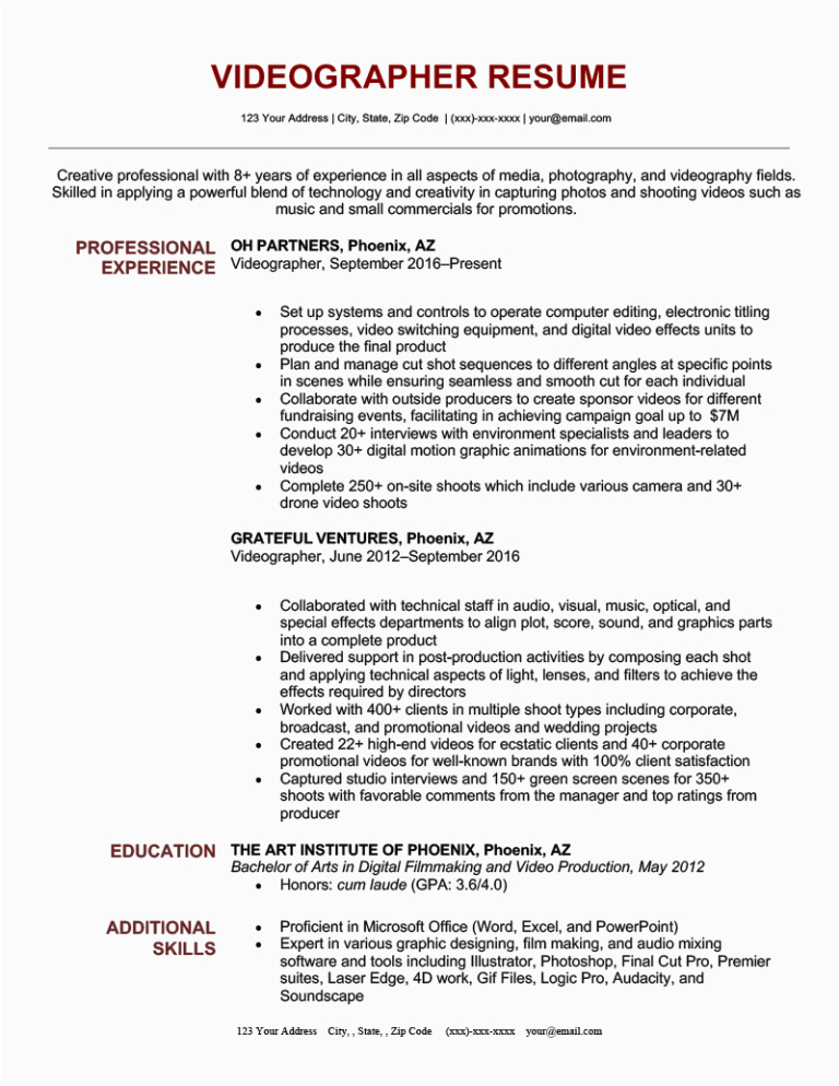 Video Production Company Business Resume Sample Videographer Resume Sample & Writing Guide