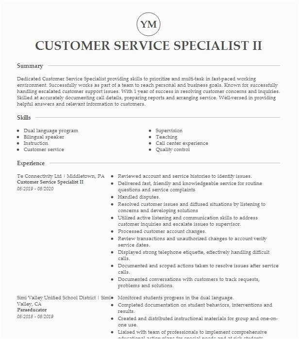 View Sample Resume for Customer Service Specialist Business Customer Service Specialist Ii Resume Example at&t Mobility