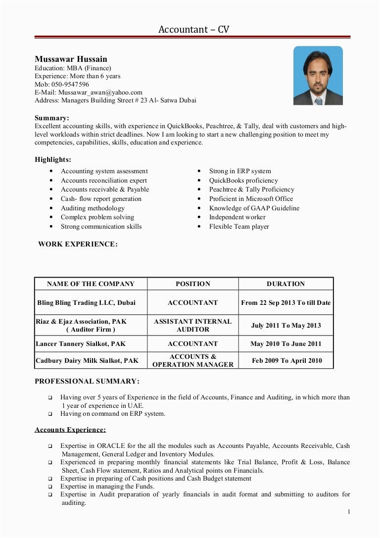 1 Year Experience Resume Sample for Accountant Accountant Cv 1