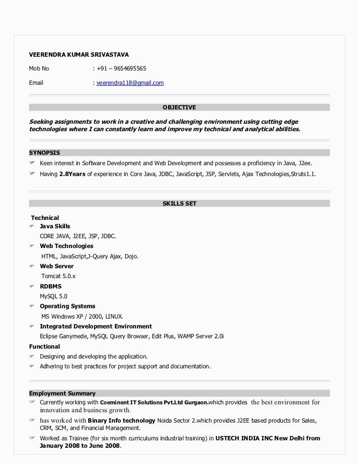 1 Year Experience Resume Sample for Java E Year Experience Resume format Java