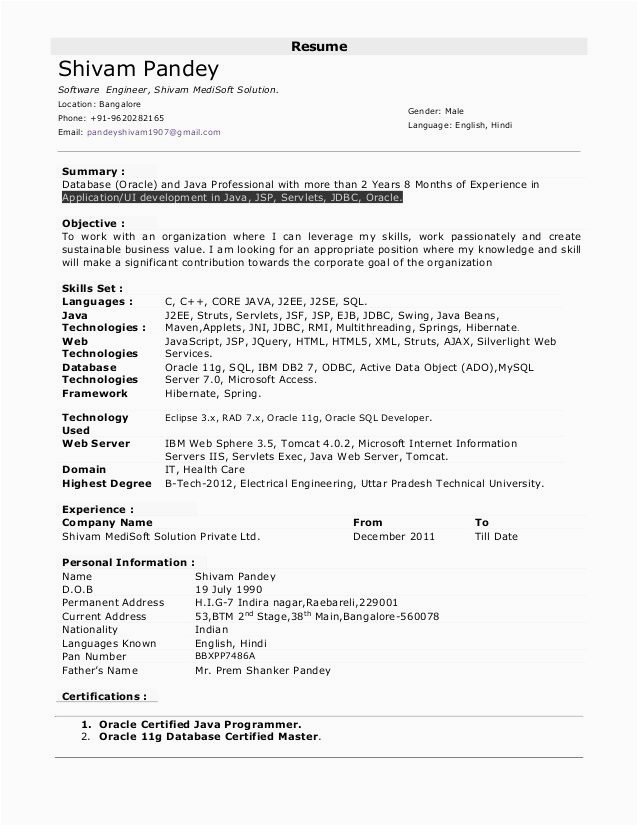 1 Year Experience Resume Sample for Java Resume for E Year Experienced software Engineer Most Freeware