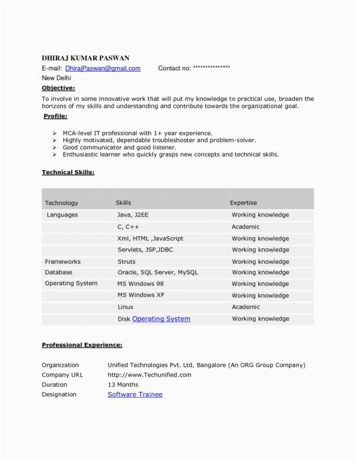 1 Year Experience Resume Sample for Java Resume Template Free Resume format for 1 Year Experienced Java