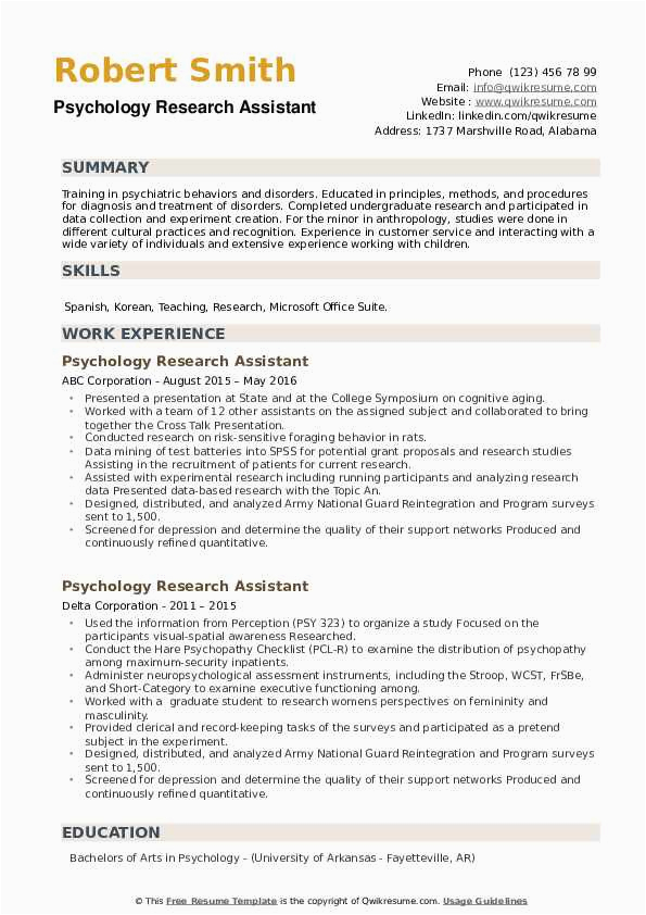 Administrative Works Research assistant Resume Sample Psychology Research assistant Resume Samples