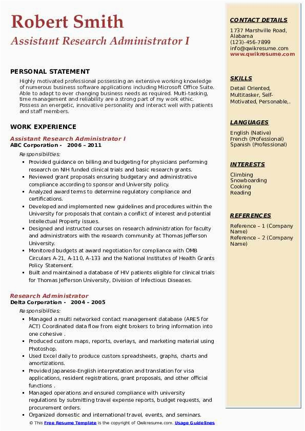 Administrative Works Research assistant Resume Sample Research Administrator Resume Samples