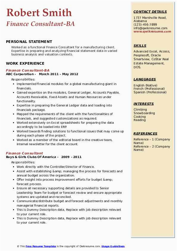 Ba with Swift Experiance Sample Resume Finance Consultant Resume Samples