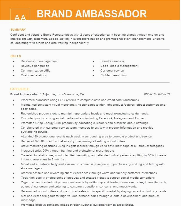 Brand Ambassador Resume Sample Live Career Brand Ambassador Front End Manager Resume Example James Cress Florist