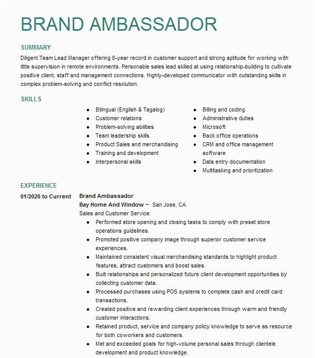 Brand Ambassador Resume Sample Live Career Lead Brand Ambassador Resume Example Pany Name Denver Colorado