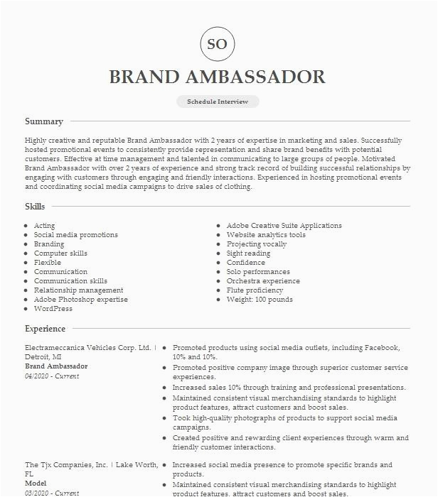 Brand Ambassador Resume Sample Live Career Promotion Model Brand Ambassador Resume Example Pany Name