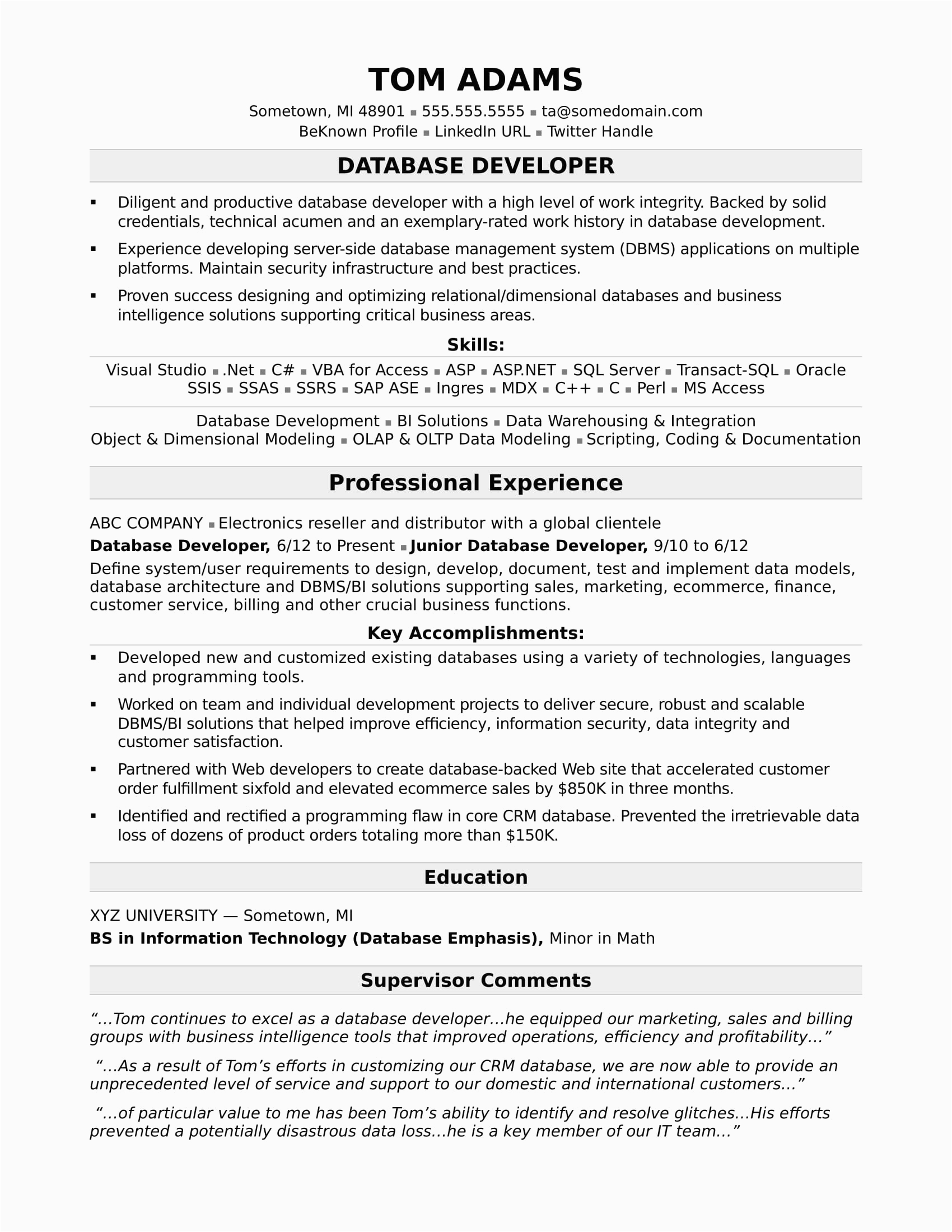Database Developer Resume Sample Entry Level Sample Resume for A Midlevel It Developer