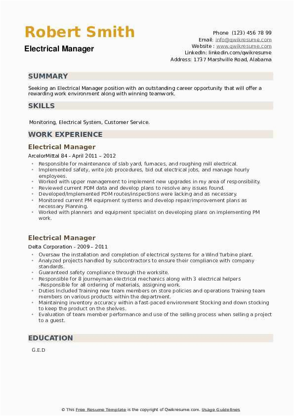 Electrical Project Manager Objective Resume Samples Electrical Manager Resume Samples