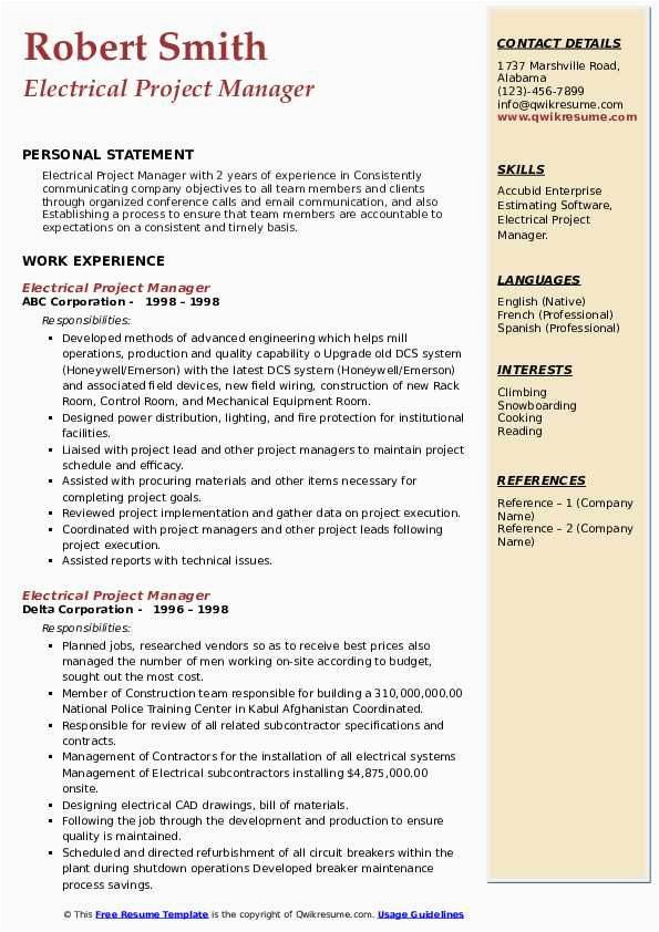 Electrical Project Manager Objective Resume Samples Electrical Project Manager Resume Samples