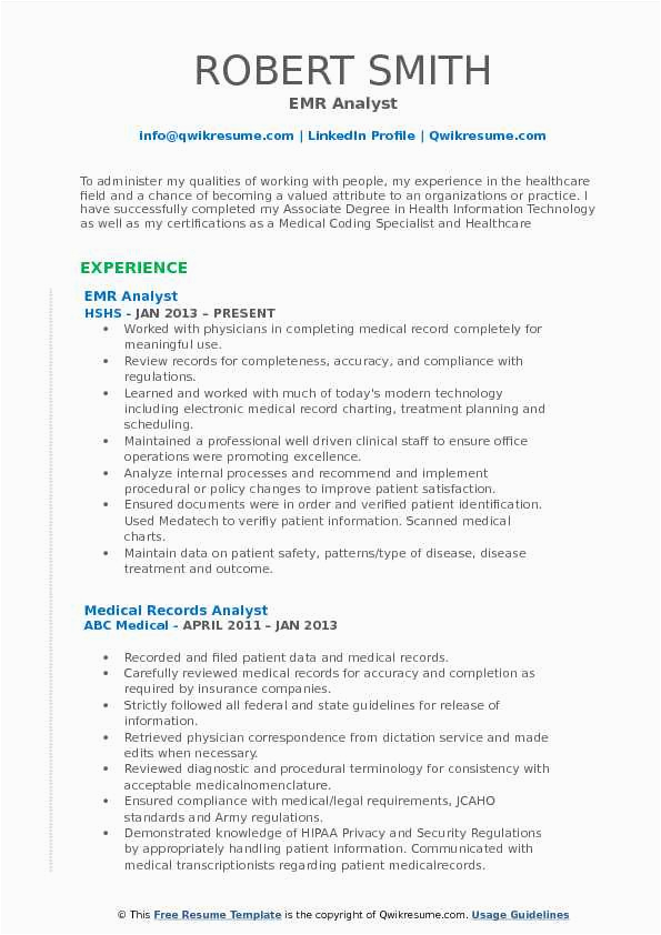 Electronic Health Records Analyst Resume Entry Level Sample Medical Records Analyst Resume Samples