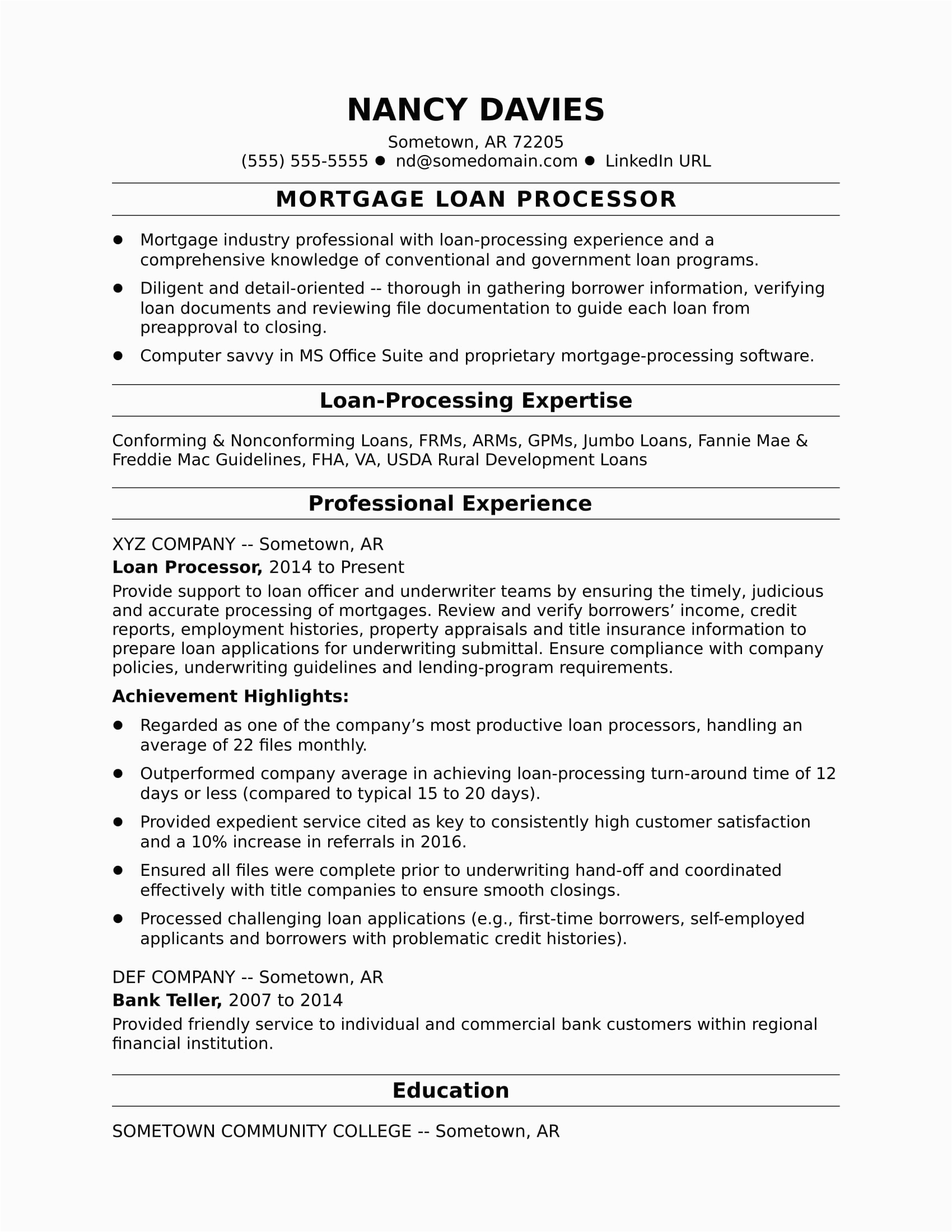 Entry Level Mortgage Loan Processor Resume Sample Mortgage Loan Processor Resume Sample