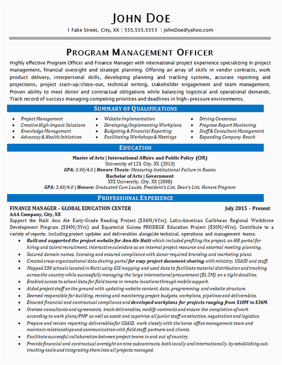 Federal Program Manager Sample Resum E Program Manager Resume Example Finance and Global Education