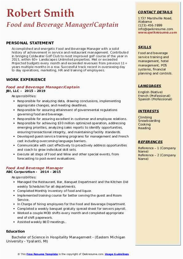 Free Sample Of A Resume Food and Beveage Director Food and Beverage Resume Samples