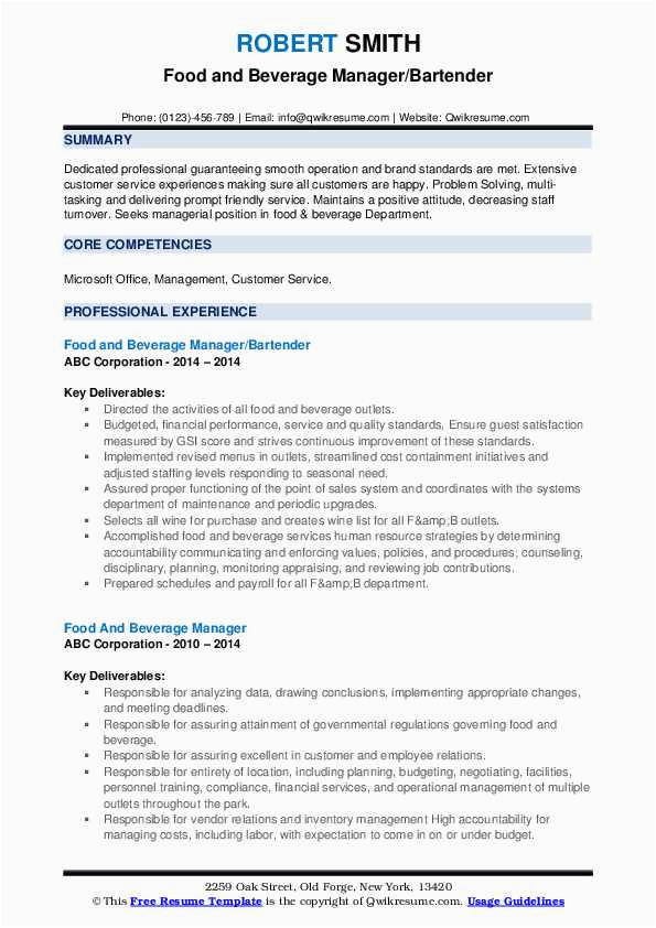 Free Sample Of A Resume Food and Beveage Food and Beverage Manager Resume Samples