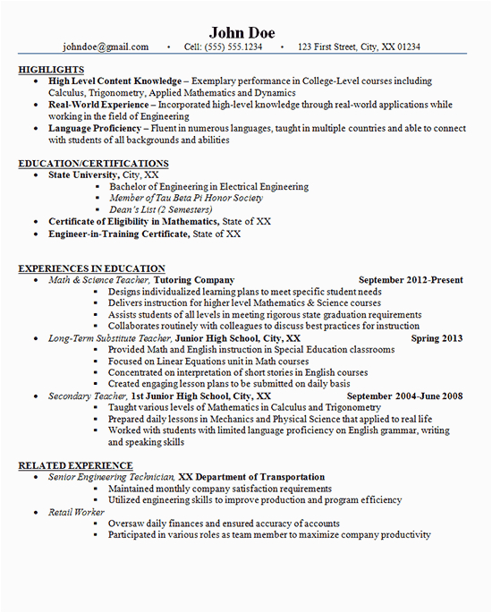 Full Time Resume Samples for Juior Level In Usa Junior High School Teacher Resume Example Math and Science