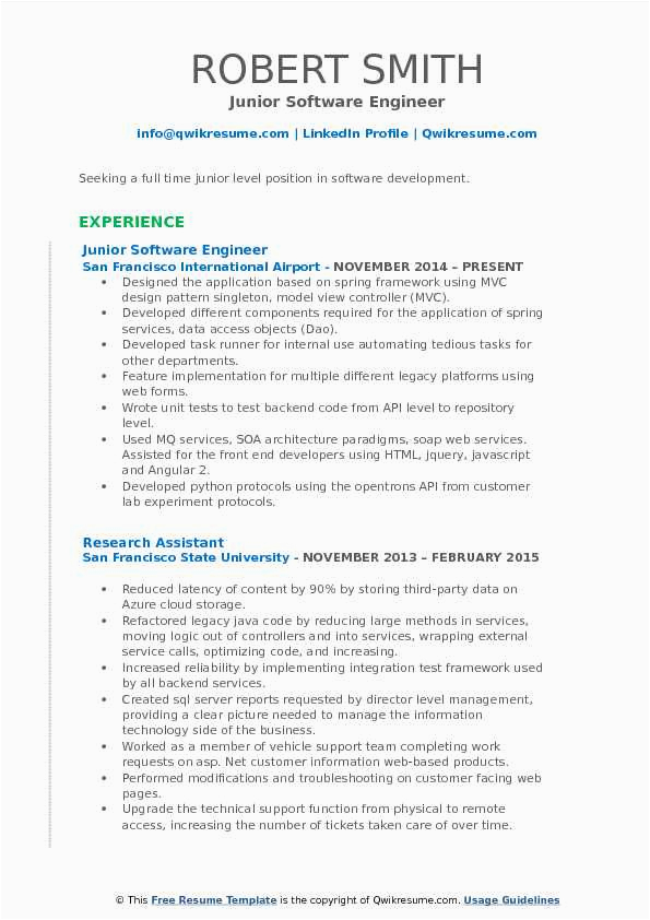 Full Time Resume Samples for Juior Level In Usa Junior software Engineer Resume Samples
